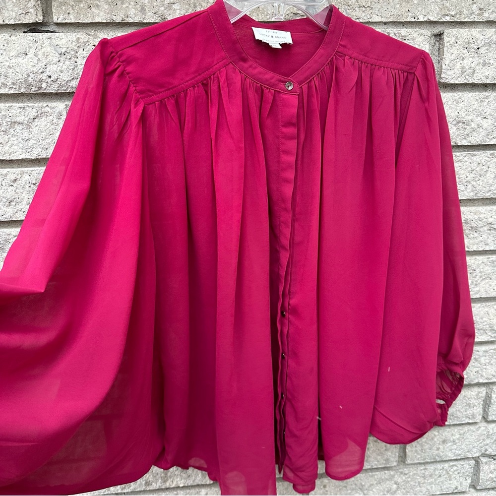 Lucky Brand Womens Red Peasant BOHO High Neck Chiffon Blouse Sz M Balloon Sleeve
